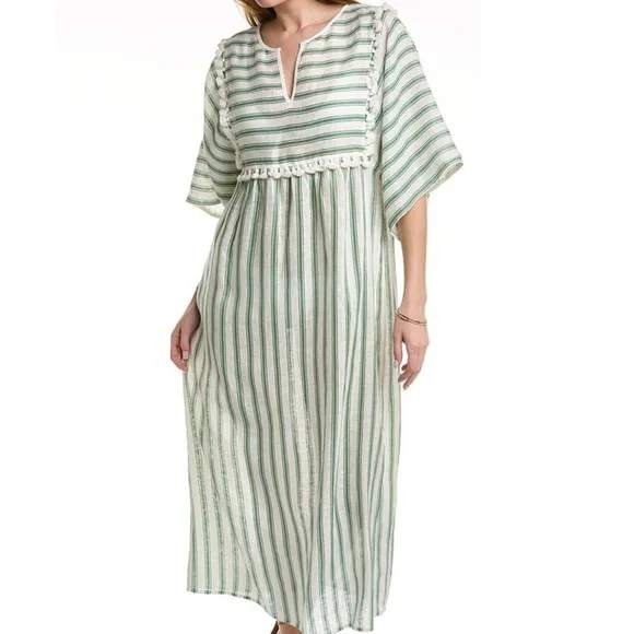 $700 Tory Burch Striped Linen Caftan Dress Green White V Neck Medium M Women's - Picture 1 of 7